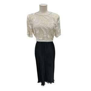 Vintage George F Couture Beaded Dress Black Pleated Size 4